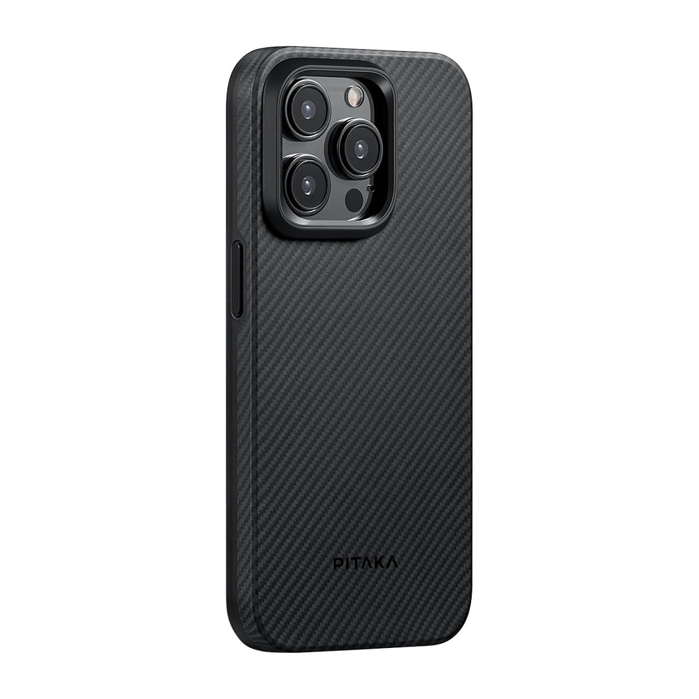 Apple iPhone 15 Pro Max Kılıf M-safe Şarj Özellikli 600D Aramid Fiber Pitaka Military-Grade Classic Serisi Black-Grey Twill Kapak