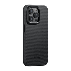 Apple iPhone 15 Pro Max Kılıf M-safe Şarj Özellikli 600D Aramid Fiber Pitaka Military-Grade Classic Serisi Black-Grey Twill Kapak