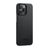 Apple iPhone 15 Pro Max Kılıf M-safe Şarj Özellikli 600D Aramid Fiber Pitaka Ultra-Slim Classic Serisi Black-Grey Twill Kapak