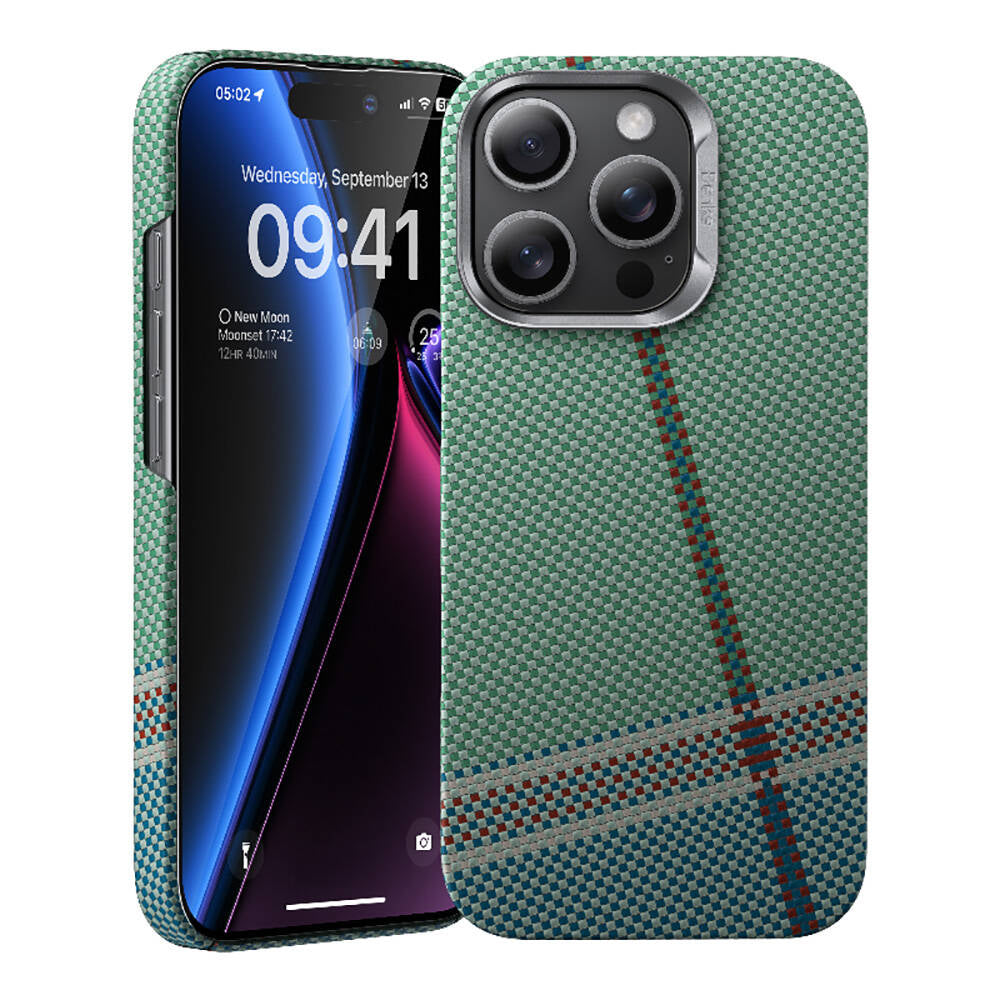 Apple iPhone 15 Pro Max Kılıf M-safe Şarj Özellikli Karbon Fiber Tasarımlı Benks Passion Green ArmorAir Kevlar Kapak