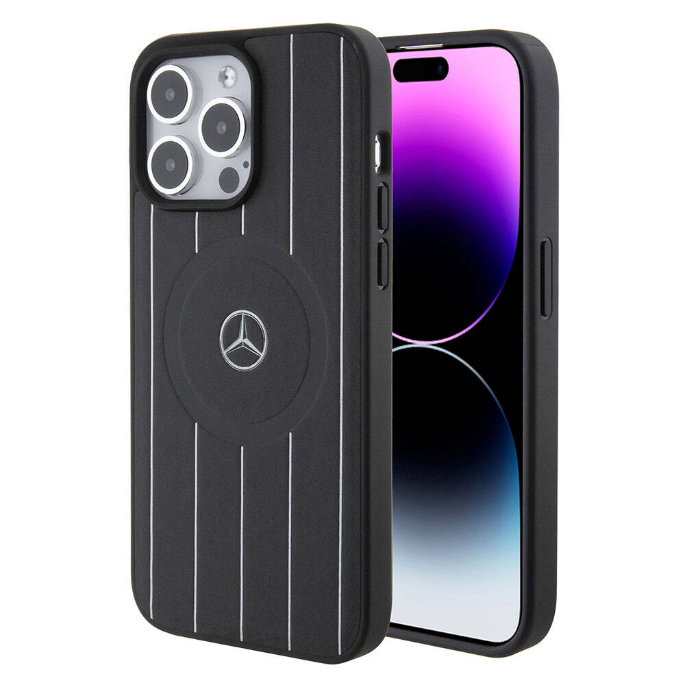 Apple iPhone 15 Pro Max Kılıf Mercedes Benz Orjinal Lisanslı M-safe Şarj Özellikli Baskı Logolu Paralel Çizgi Desenli Deri Kapak