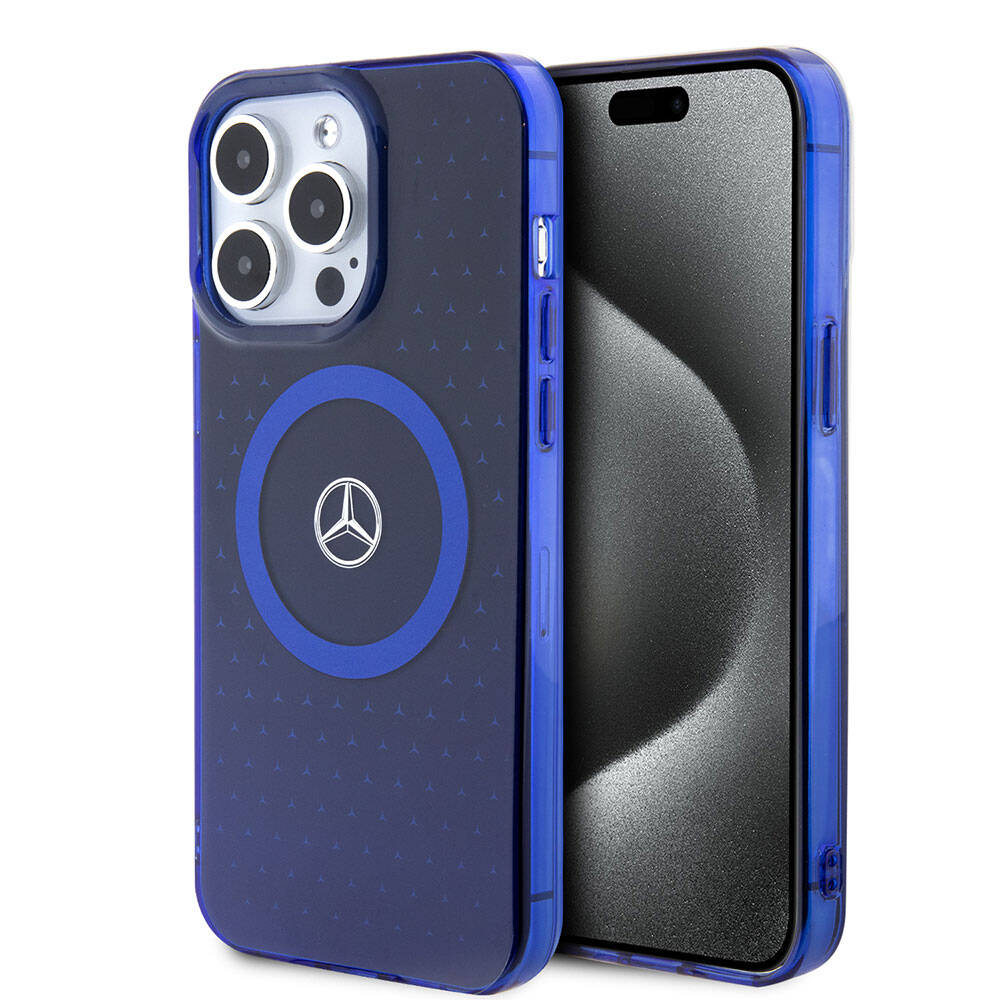 Apple iPhone 15 Pro Max Kılıf Mercedes Benz Orjinal Lisanslı M-safe Şarj Özellikli Çift Katmanlı Mavi Yıldız Desenli Kapak