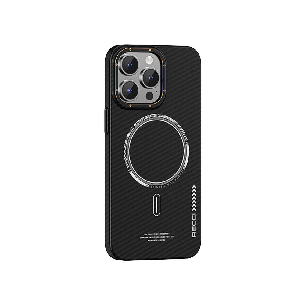 Apple iPhone 15 Pro Max Kılıf Recci Machinist Serisi M-safe Şarj Özellikli Magnetik Karbon Kapak
