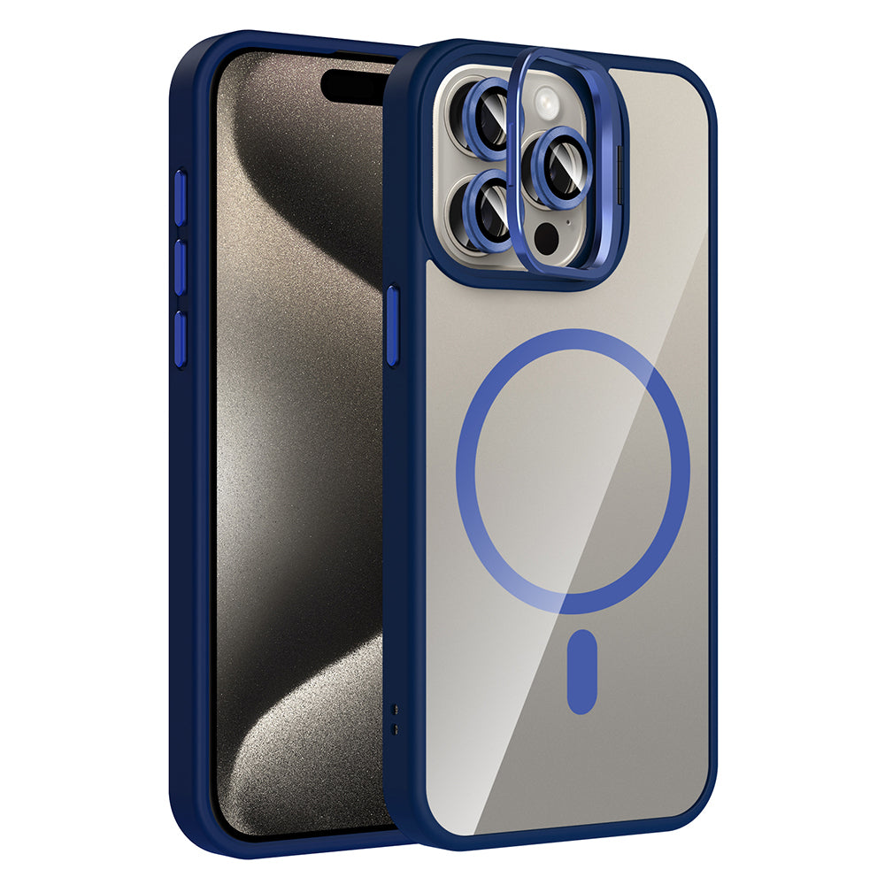 Apple iPhone 15 Pro Max Kılıf Standlı ve Kamera Lens Hediyeli M-Safe Şarj Özellikli Zore Etro Kapak