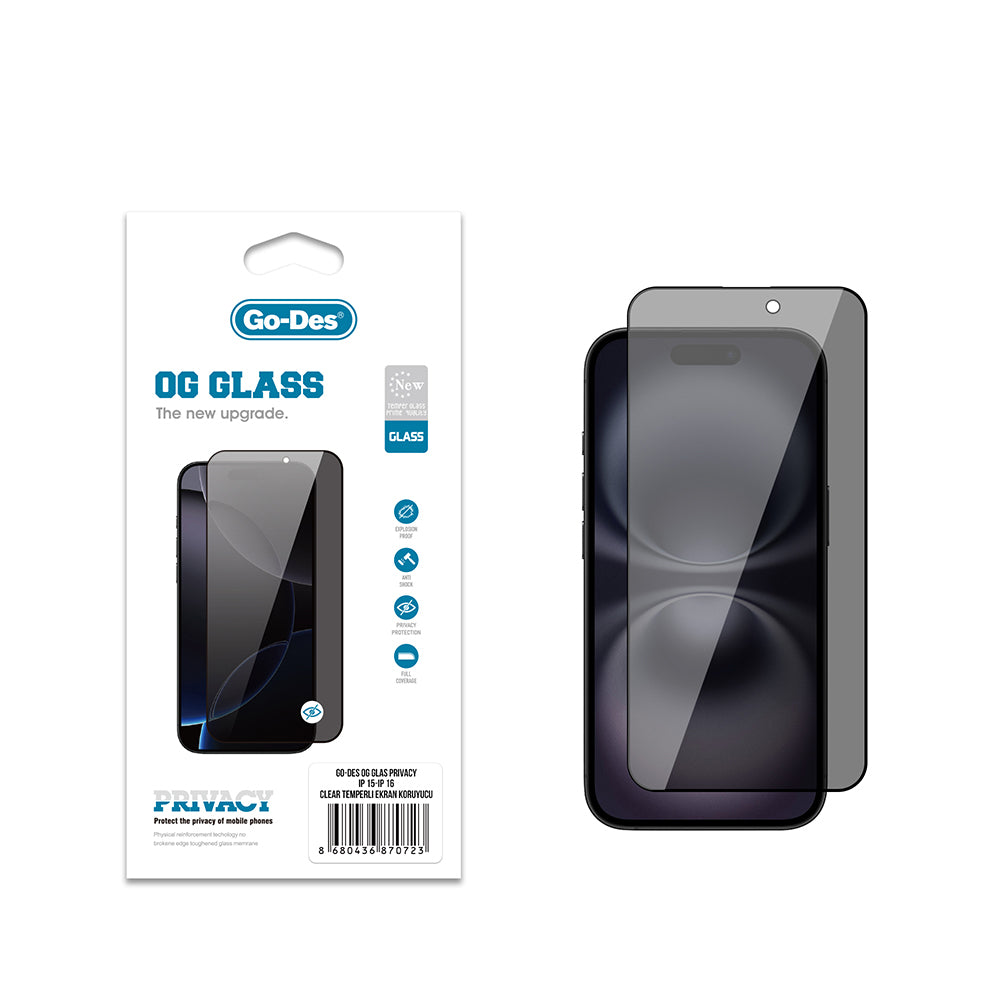 Apple iPhone 16 Go Des OG Glass Privacy Antistatik Temperli Cam Ekran Koruyucu