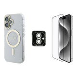 Apple iPhone 16 Guess Orjinal Lisanslı 3'lü Aksesuar Seti IML Baskılı Simli Glitter Kılıf + Ekran Koruyucu + Lens Koruyucu