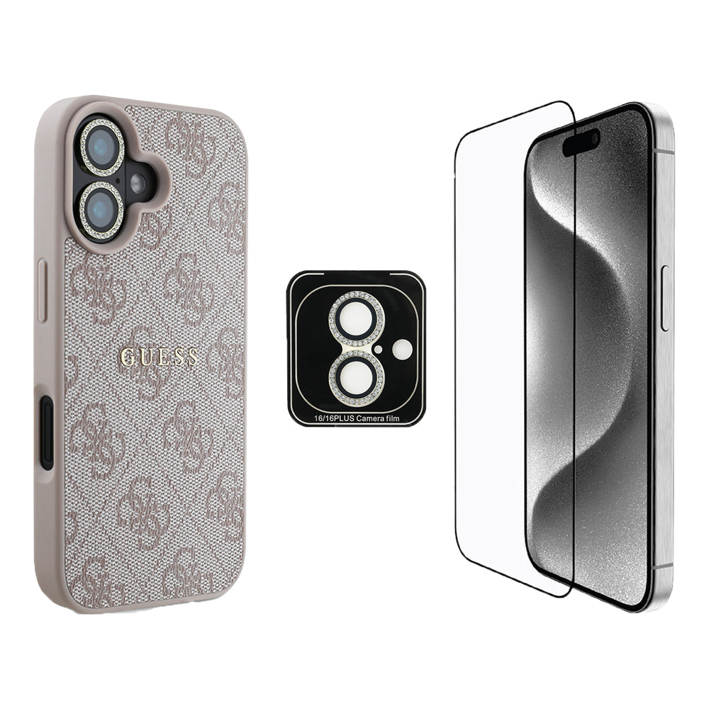 Apple iPhone 16 Guess Orjinal Lisanslı Kılıf + Ekran Koruyucu + Lens Koruyucu 3in1 Aksesuar Seti