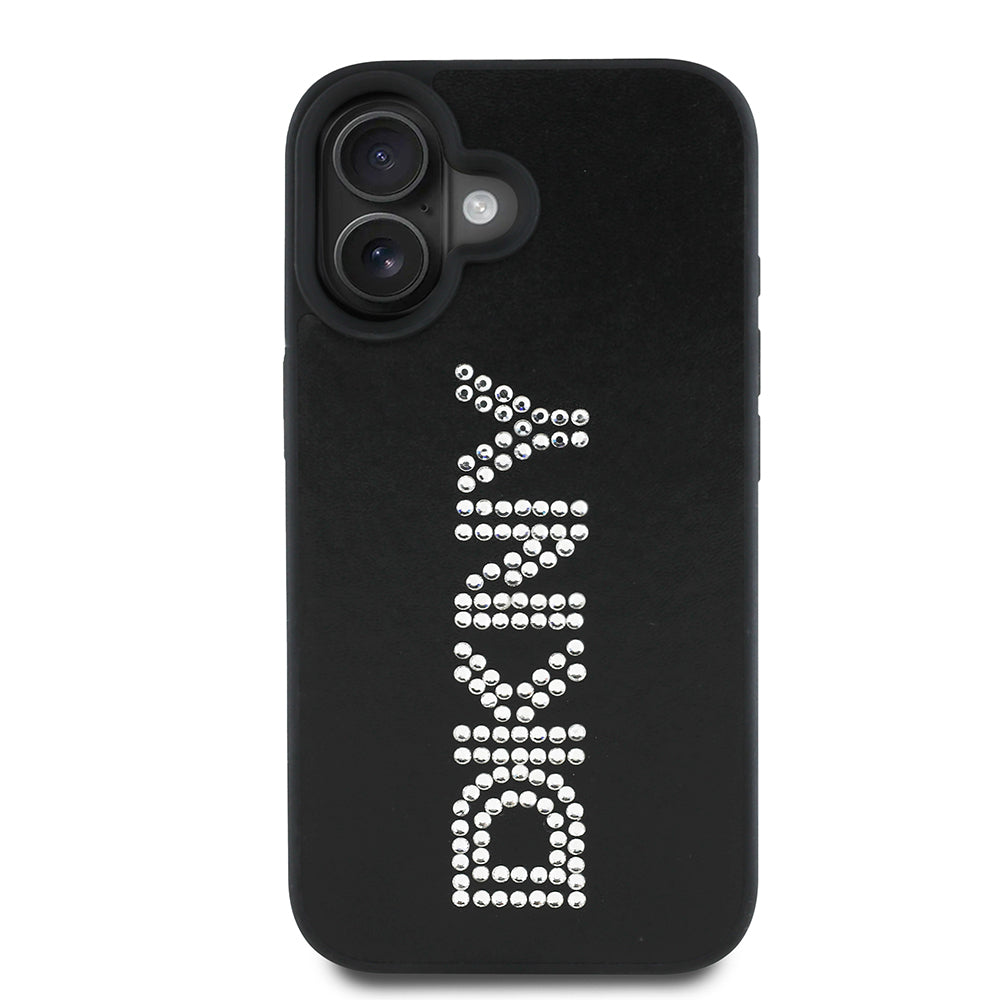 Apple iPhone 16 Kılıf DKNY Orjinal Lisanslı Taşlı DKNY Yazılı Metalik Rhinestones PU Deri Kapak