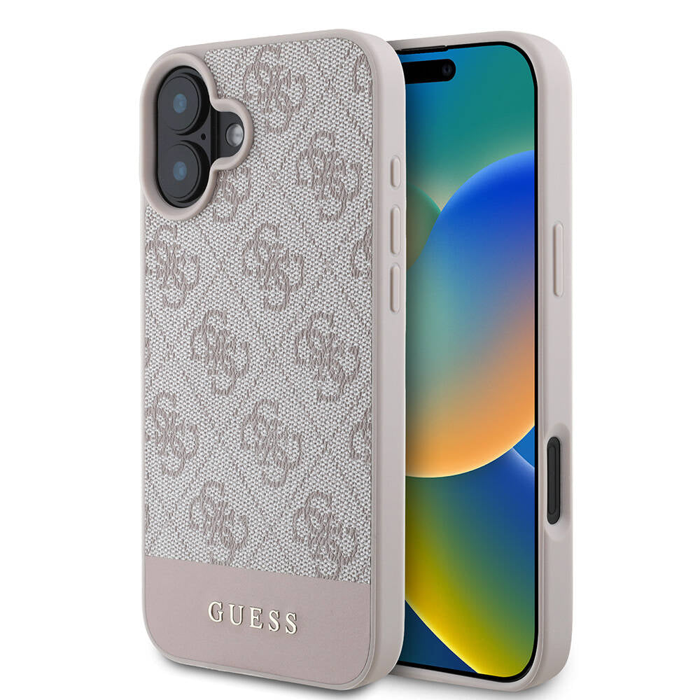 Apple iPhone 16 Kılıf Guess Orjinal Lisanslı M-safe Şarj Özellikli PU Deri Şerit Logo Dizaynlı Kapak