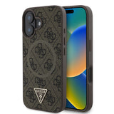 Apple iPhone 16 Kılıf Guess Orjinal Lisanslı M-safe Şarj Özellikli PU Üçgen Logo 4G Desenli Kapak