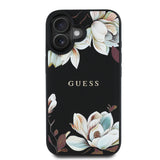 Apple iPhone 16 Kılıf Guess Orjinal Lisanslı M-safe Şarj Özellikli Taneli Çiçek Tasarımlı Metal Yazı Logolu Kapak