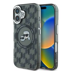 Apple iPhone 16 Kılıf Karl Lagerfeld Orjinal Lisanslı M-safe Şarj Özellikli IML Baskılı Metal Monogram KC Heads Kapak