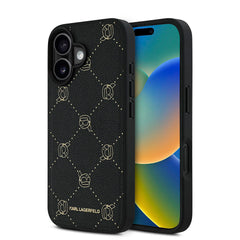 Apple iPhone 16 Kılıf Karl Lagerfeld Orjinal Lisanslı M-safe Şarj Özellikli PU Deri Karl Heads Desenli Klasik Logolu Kapak