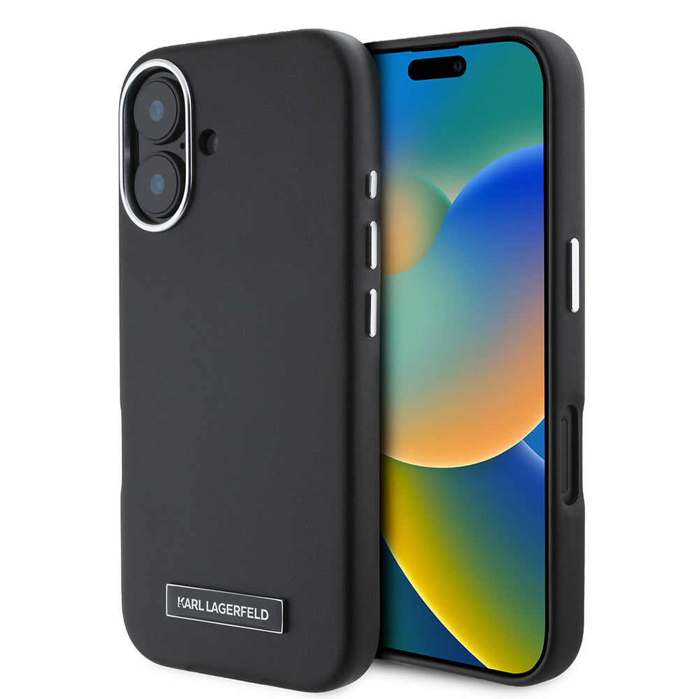 Apple iPhone 16 Kılıf Karl Lagerfeld Orjinal Lisanslı M-safe Şarj Özellikli Metal Kamera ve Buton Tasarımlı Plaka Logolu PU Deri Kapak