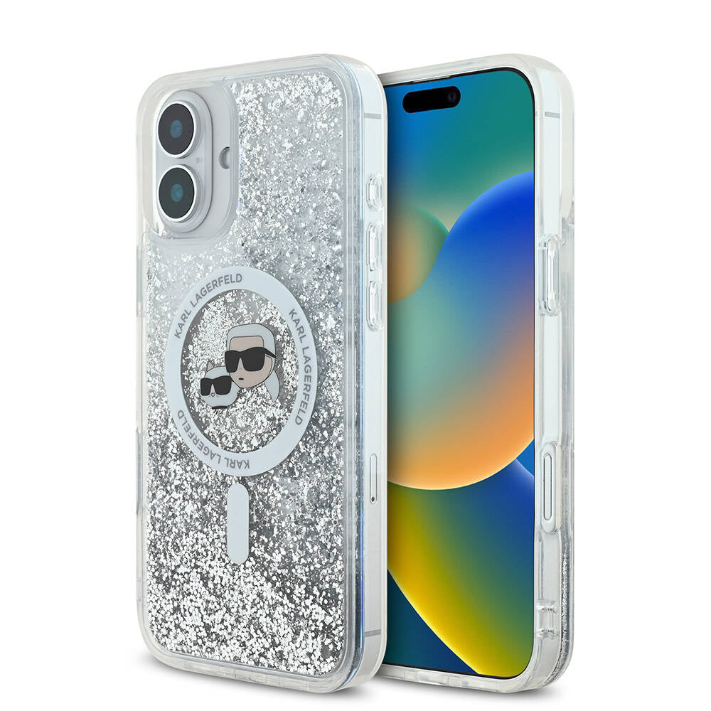 Apple iPhone 16 Kılıf Karl Lagerfeld Orjinal Lisanslı M-safe Şarj Özellikli Sıvılı Simli K&C Heads Kapak