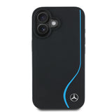 Apple iPhone 16 Kılıf Mercedes Benz Orjinal Lisanslı M-safe Şarj Özellikli 3D Metal Logolu Mavi Dikey Eğri Çizgili Deri Kapak