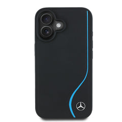 Apple iPhone 16 Kılıf Mercedes Benz Orjinal Lisanslı M-safe Şarj Özellikli 3D Metal Logolu Mavi Dikey Eğri Çizgili Deri Kapak