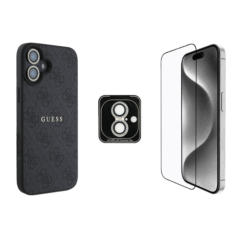 Apple iPhone 16 Plus Guess Orjinal Lisanslı Kılıf + Ekran Koruyucu + Lens Koruyucu 3in1 Aksesuar Seti