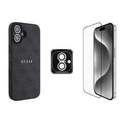 Apple iPhone 16 Plus Guess Orjinal Lisanslı Kılıf + Ekran Koruyucu + Lens Koruyucu 3in1 Aksesuar Seti