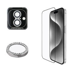 Apple iPhone 16 Plus Guess Orjinal Lisanslı Rhinestone Ekran Koruyucu + Lens Koruyucu 2in1 Aksesuar Seti