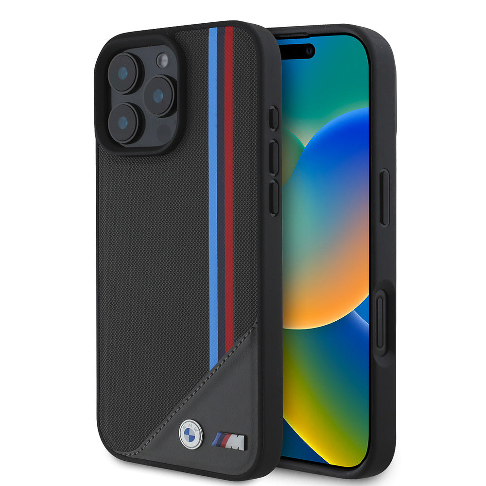 Apple iPhone 16 Plus Kılıf BMW Orjinal Lisanslı M-safe Şarj Özellikli M Logolu Üç Çizgili Dikiş Detaylı Meshed Tricolor Stripes Kapak