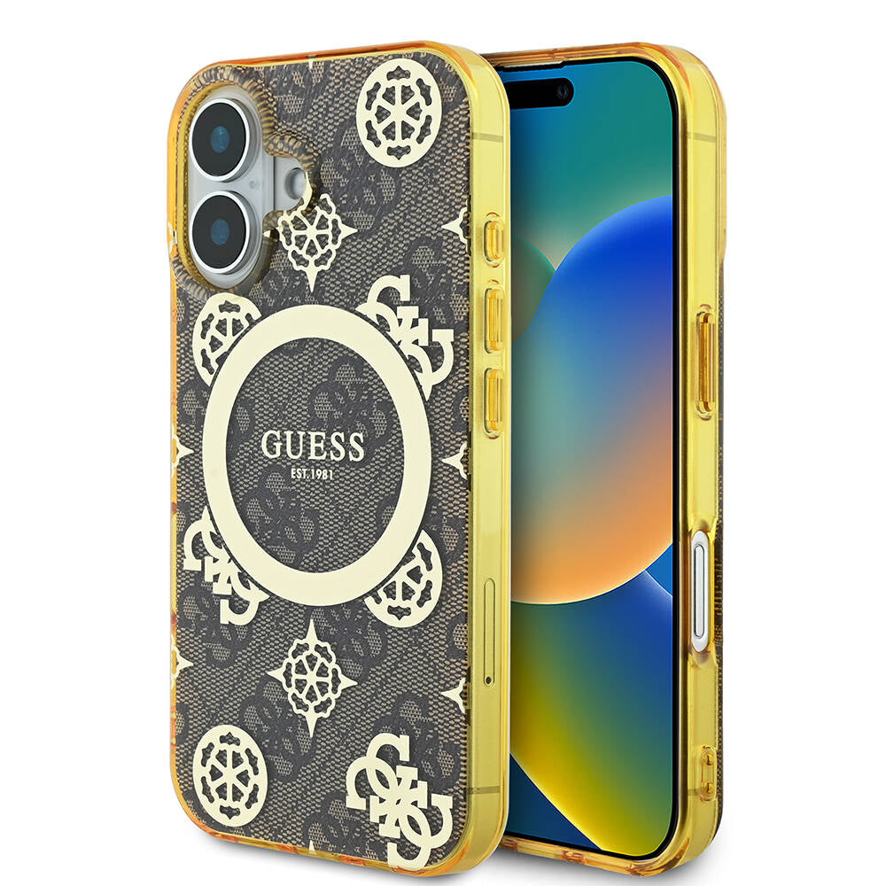 Apple iPhone 16 Plus Kılıf Guess Orjinal Lisanslı M-safe Şarj Özellikli 4G Desenli IML Yazı Logolu Peony Kapak