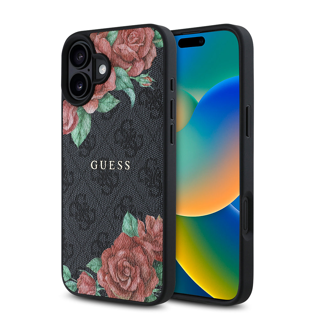 Apple iPhone 16 Plus Kılıf Guess Orjinal Lisanslı M-safe Şarj Özellikli Gül Baskılı 4G Desenli Yazı Logolu Kapak