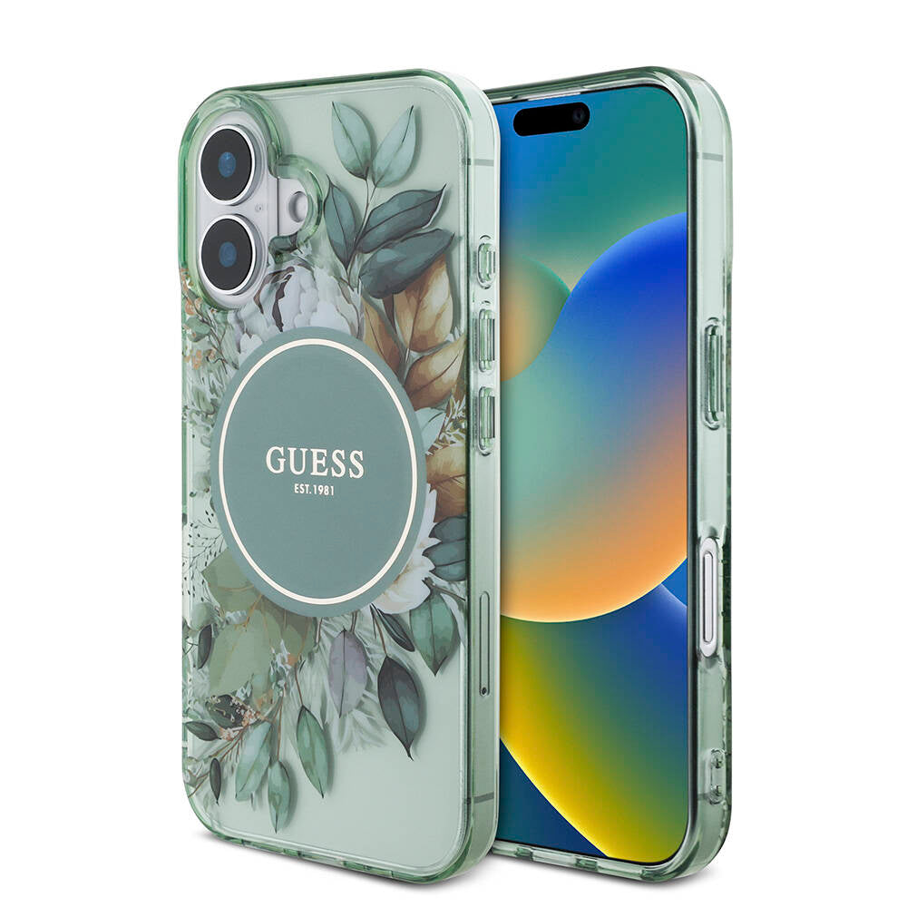 Apple iPhone 16 Plus Kılıf Guess Orjinal Lisanslı M-safe Şarj Özellikli IML Baskılı Çiçek İnci Bileklikli Kapak