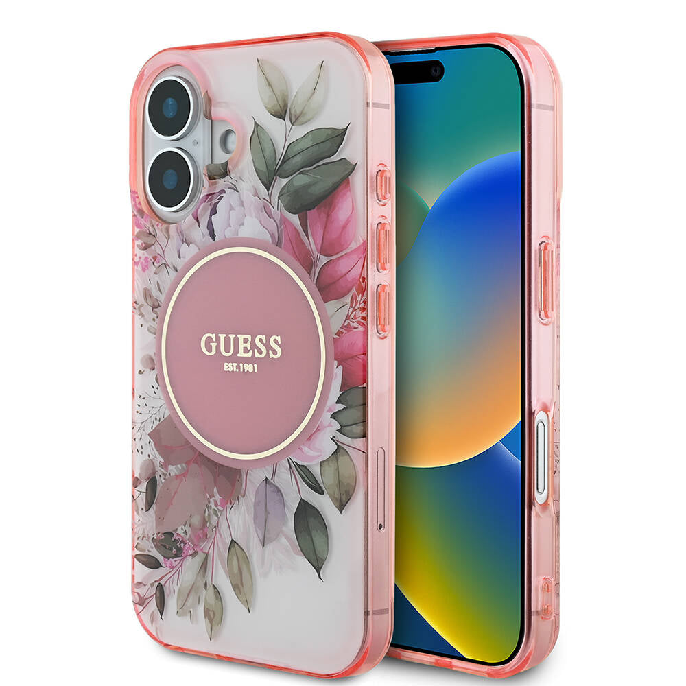 Apple iPhone 16 Plus Kılıf Guess Orjinal Lisanslı M-safe Şarj Özellikli IML Baskılı Yazı Logolu Flower Tonal Circle Kapak