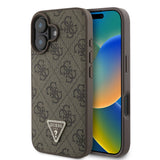 Apple iPhone 16 Plus Kılıf Guess Orjinal Lisanslı M-safe Şarj Özellikli PU Deri 4G Desenli Taşlı Üçgen Logolu Kapak