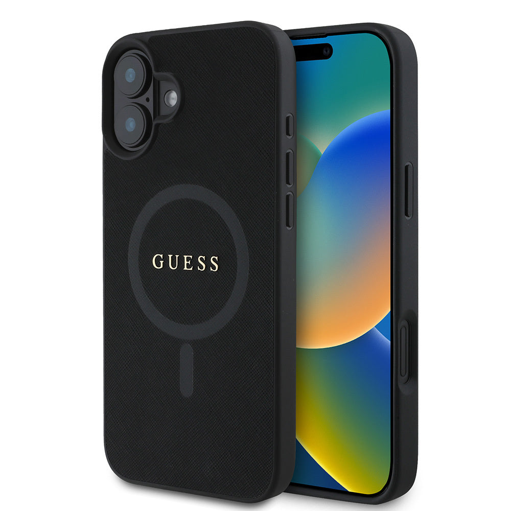 Apple iPhone 16 Plus Kılıf Guess Orjinal Lisanslı M-safe Şarj Özellikli Yazı Logolu Saffiano Classic Kapak