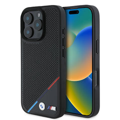 Apple iPhone 16 Pro Kılıf BMW Orjinal Lisanslı M-safe Şarj Özellikli M Logolu Üç Çizgili Delikli Deri Kapak