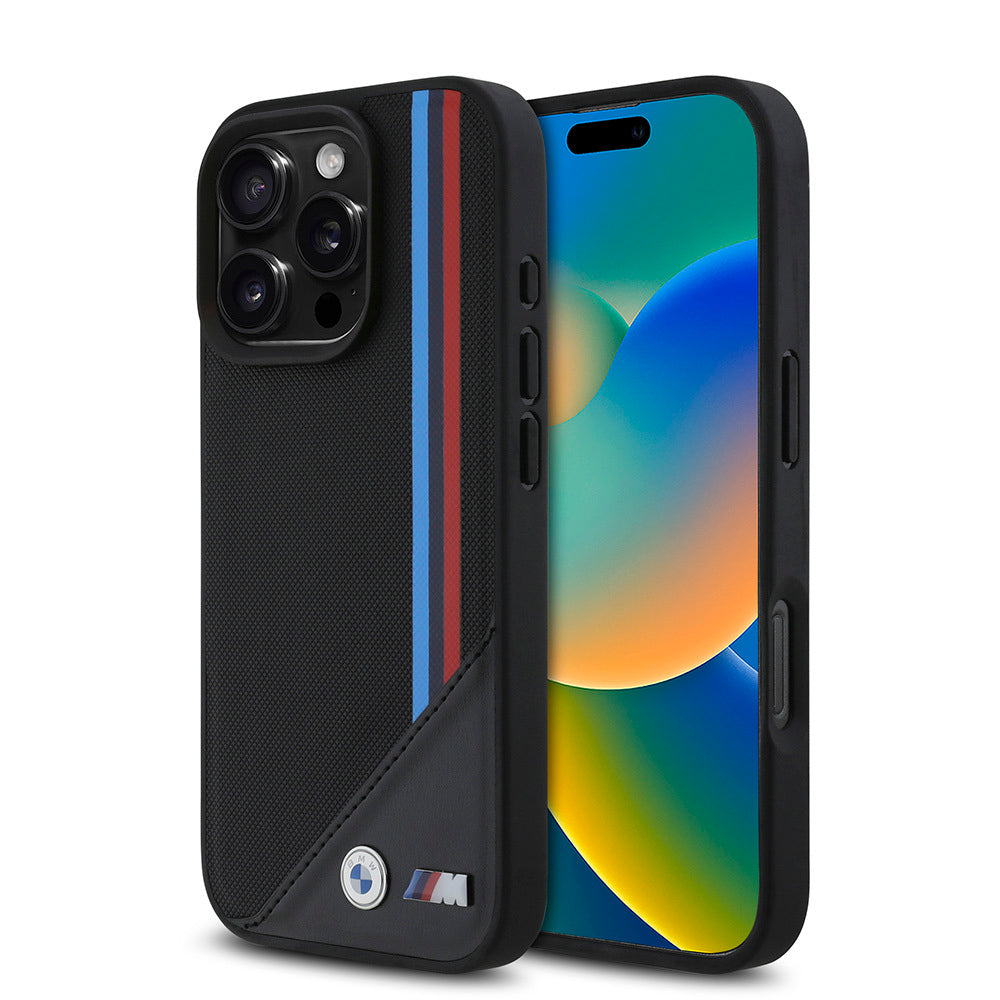 Apple iPhone 16 Pro Kılıf BMW Orjinal Lisanslı M-safe Şarj Özellikli M Logolu Üç Çizgili Dikiş Detaylı Meshed Tricolor Stripes Kapak