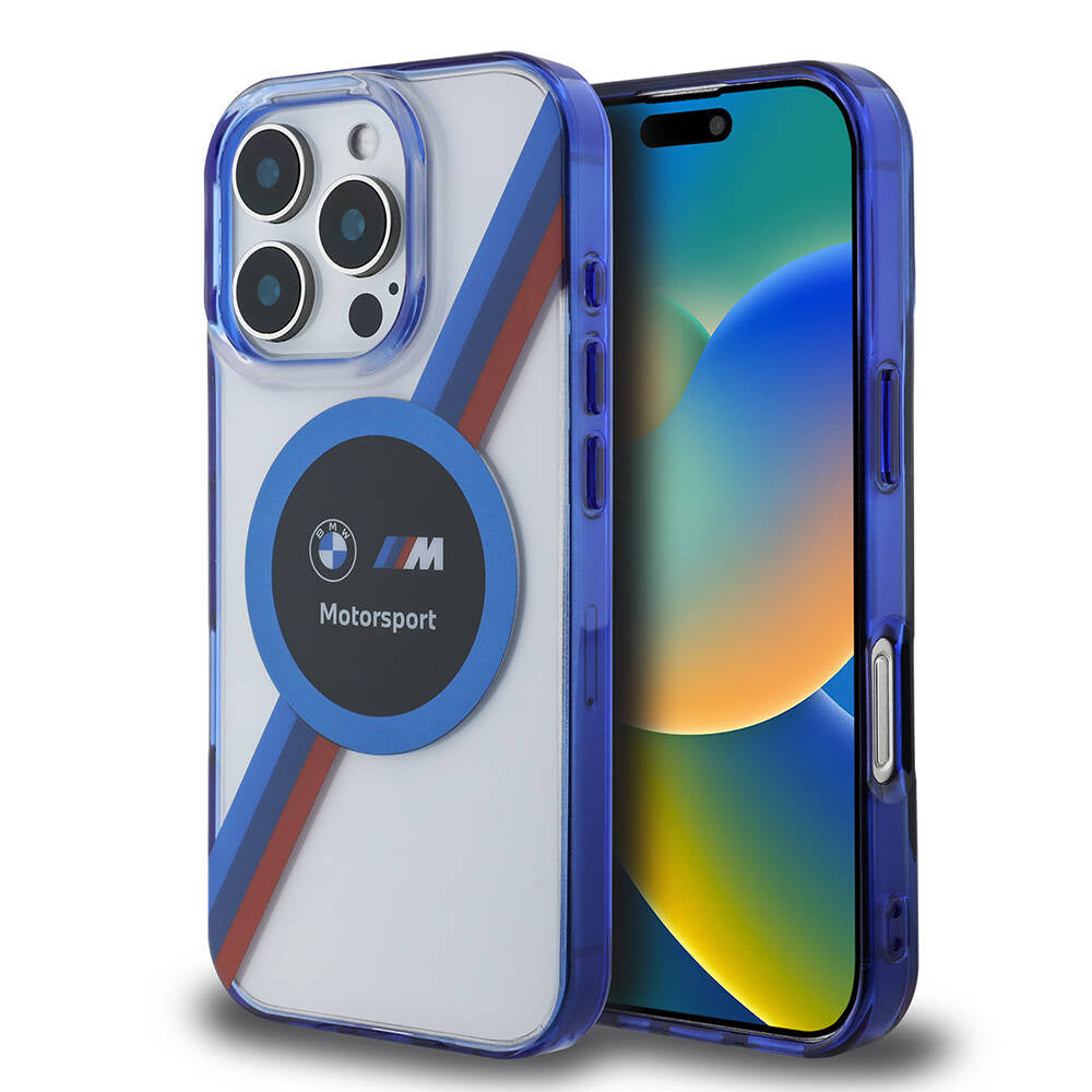 Apple iPhone 16 Pro Kılıf BMW Orjinal Lisanslı M-safe Şarj Özellikli M Logolu Üç Renk Çizgili Motorsport Circle Kapak