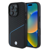 Apple iPhone 16 Pro Kılıf BMW Orjinal Lisanslı M-safe Şarj Özellikli Metal Logolu Dokulu ve Çizgili Deri Kapak