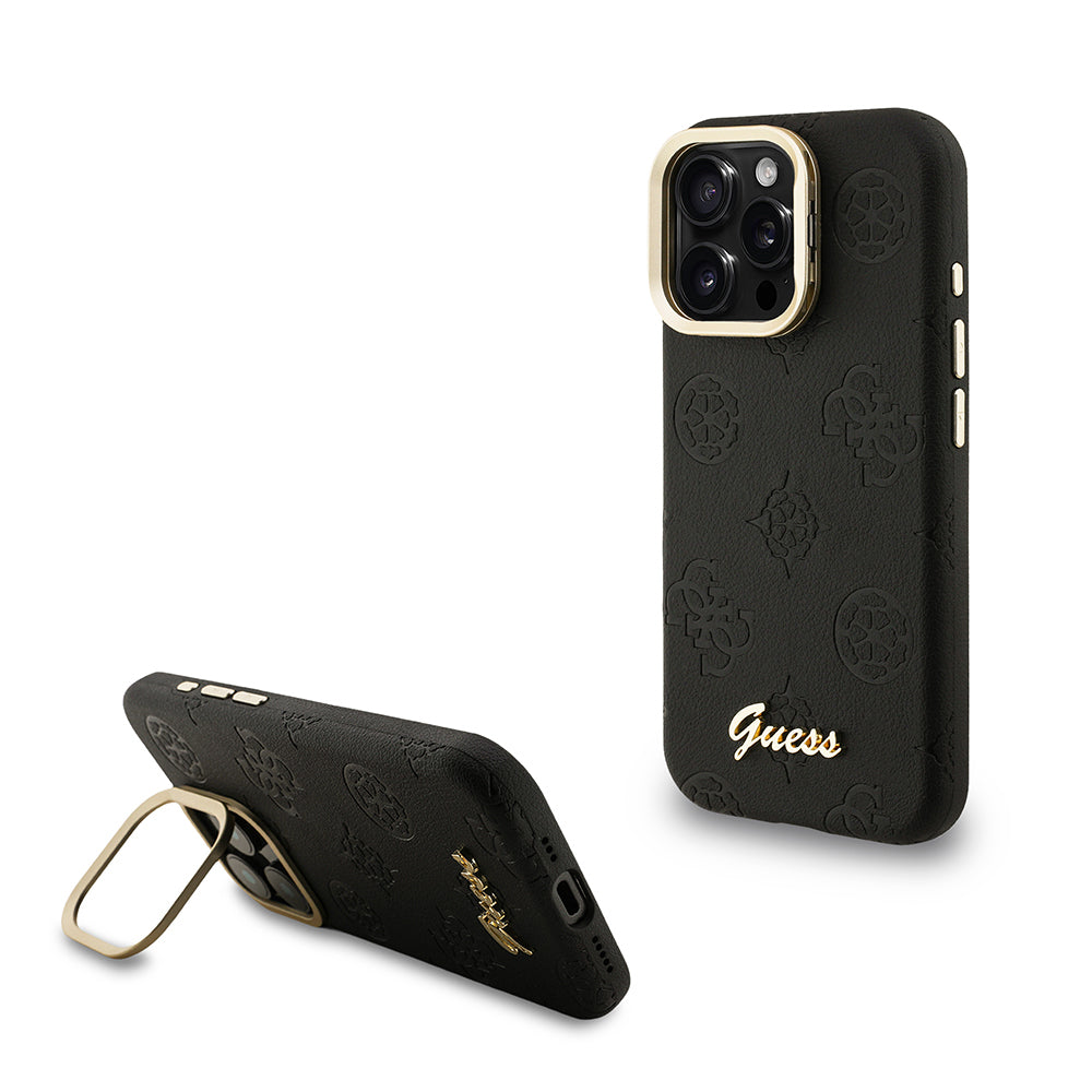 Apple iPhone 16 Pro Kılıf Guess Orjinal Lisanslı M-safe Şarj Özellikli Sıcak Baskılı Yazı Logolu Kamera Standlı PU Deri Peony Kapak
