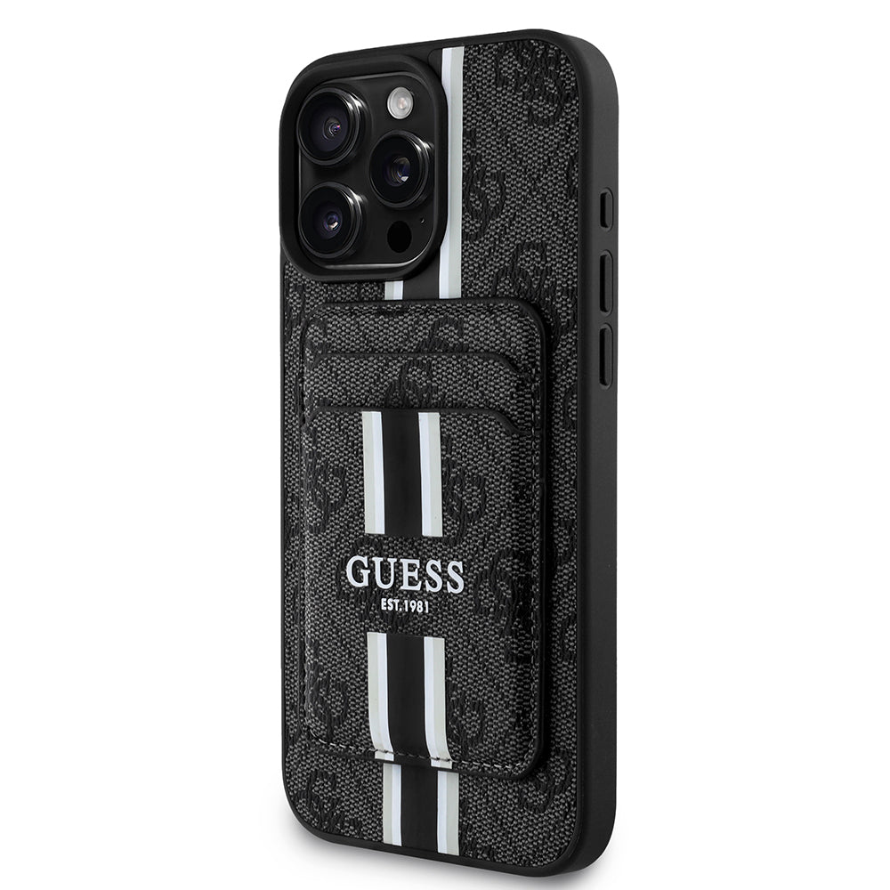 Apple iPhone 16 Pro Kılıf Guess Orjinal Lisanslı M-safe Şarj Özellikli 4G Desenli Çizgili Kartlıklı Kapak