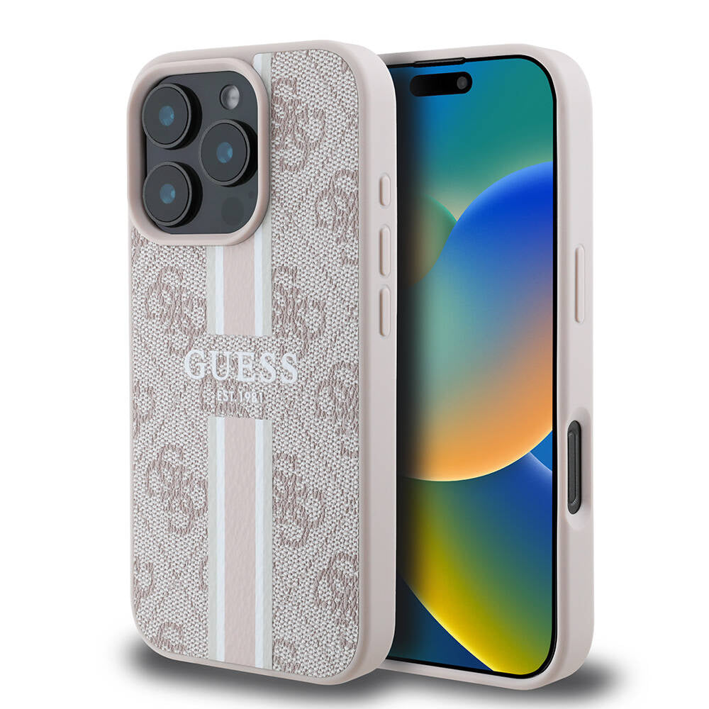 Apple iPhone 16 Pro Kılıf Guess Orjinal Lisanslı M-safe Şarj Özellikli 4G Şerit Tasarımlı Printed Kapak