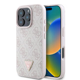 Apple iPhone 16 Pro Kılıf Guess Orjinal Lisanslı M-safe Şarj Özellikli PU Deri 4G Desenli Taşlı Üçgen Logolu Kapak