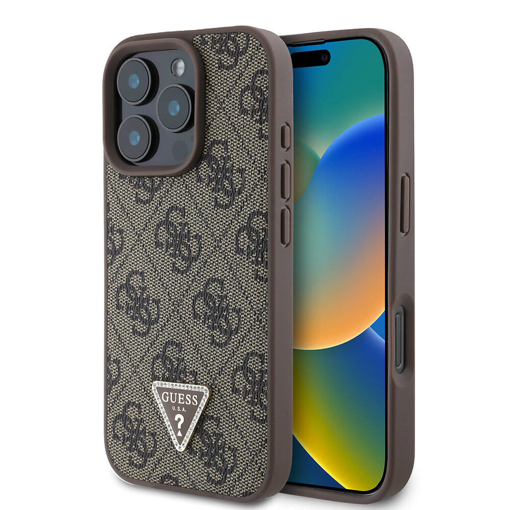 Apple iPhone 16 Pro Kılıf Guess Orjinal Lisanslı M-safe Şarj Özellikli PU Deri 4G Desenli Taşlı Üçgen Logolu Kapak