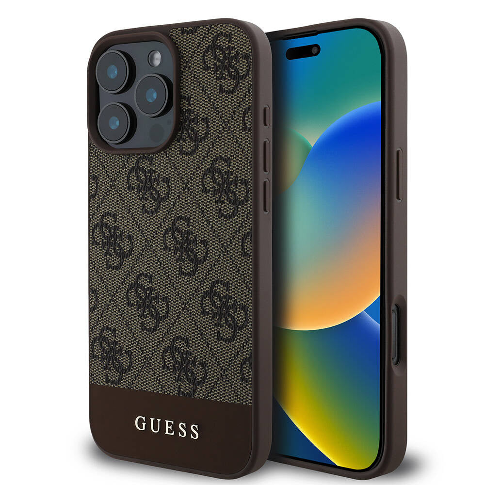 Apple iPhone 16 Pro Kılıf Guess Orjinal Lisanslı M-safe Şarj Özellikli PU Deri Şerit Logo Dizaynlı Kapak