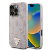 Apple iPhone 16 Pro Kılıf Guess Orjinal Lisanslı M-safe Şarj Özellikli PU Üçgen Logo 4G Desenli Kapak