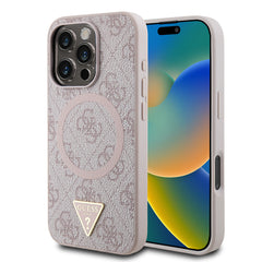 Apple iPhone 16 Pro Kılıf Guess Orjinal Lisanslı M-safe Şarj Özellikli PU Üçgen Logo 4G Desenli Kapak