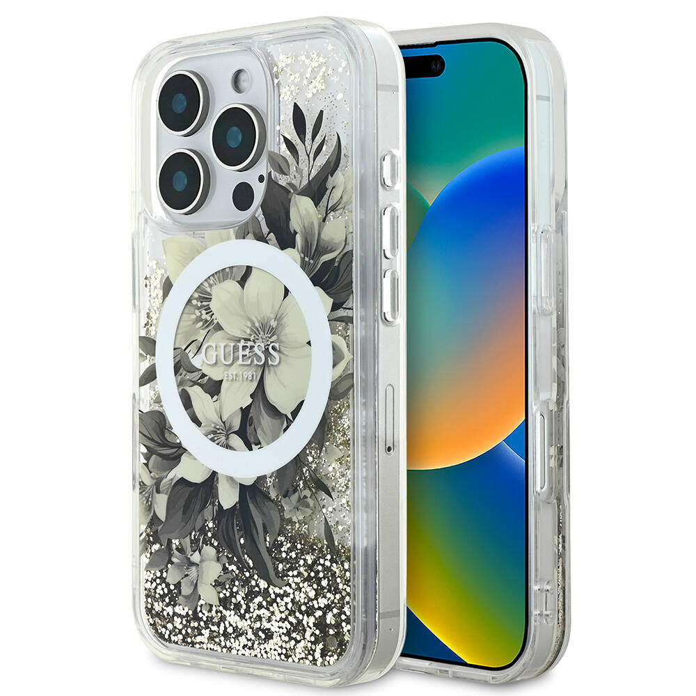 Apple iPhone 16 Pro Kılıf Guess Orjinal Lisanslı M-safe Şarj Özellikli Sıvılı Simli Çiçek Desenli Kapak