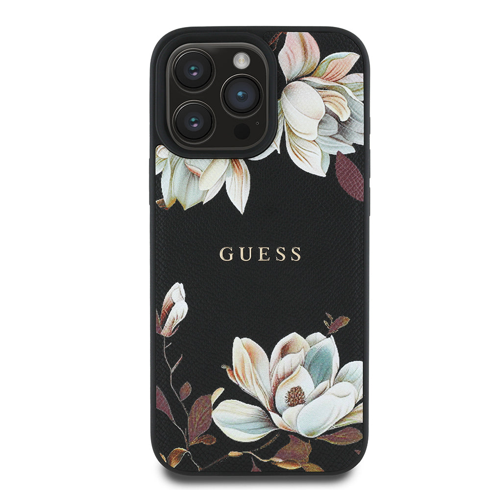 Apple iPhone 16 Pro Kılıf Guess Orjinal Lisanslı M-safe Şarj Özellikli Taneli Çiçek Tasarımlı Metal Yazı Logolu Kapak