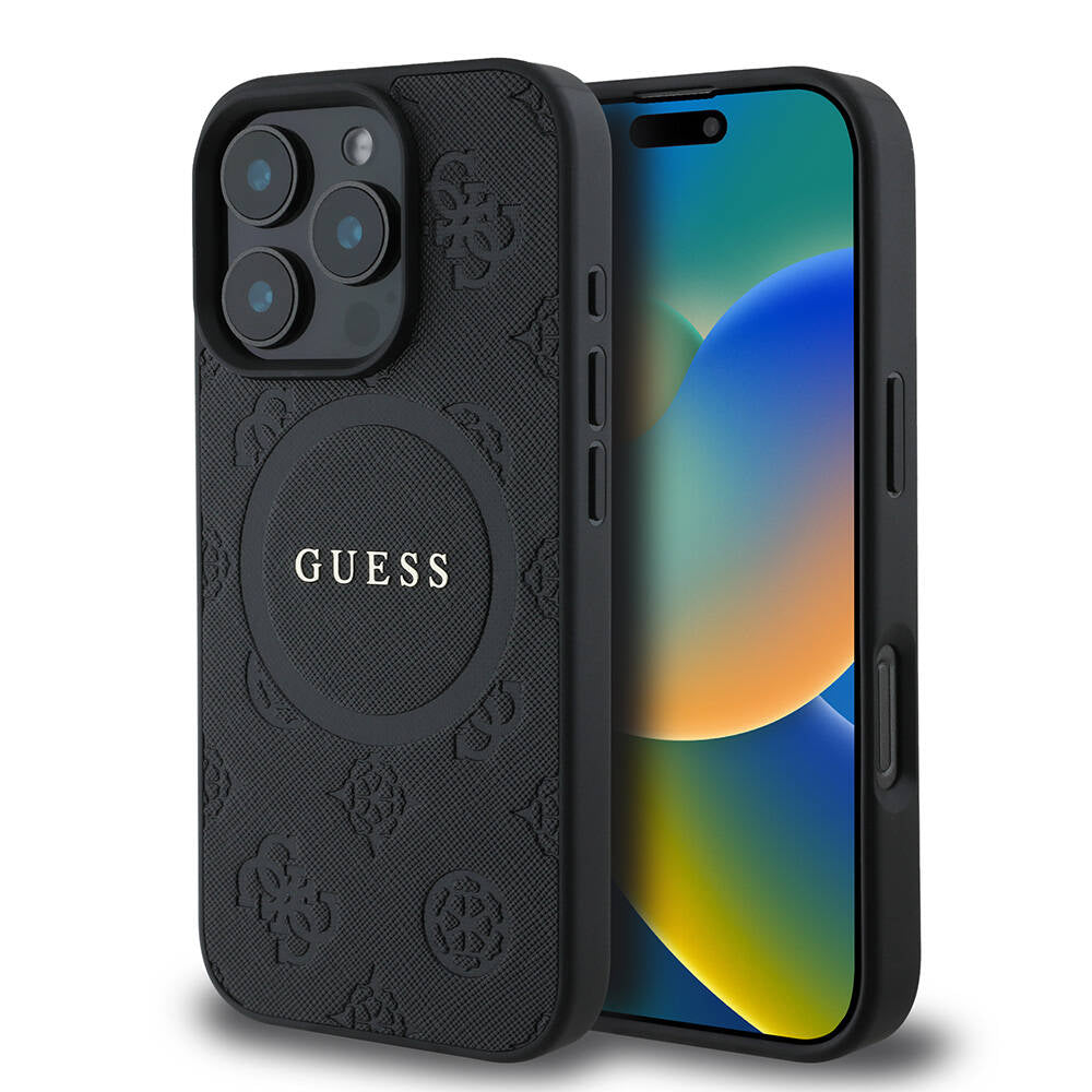 Apple iPhone 16 Pro Kılıf Guess Orjinal Lisanslı M-safe Şarj Özellikli Yazı Logolu Saffiano Peony Kapak