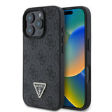 Apple iPhone 16 Pro Kılıf Guess Orjinal Lisanslı PU Deri Taşlı Üçgen Logo 4G Desenli Strass Kapak