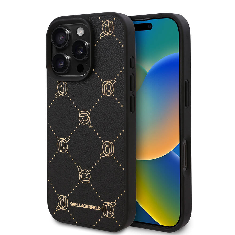 Apple iPhone 16 Pro Kılıf Karl Lagerfeld Orjinal Lisanslı M-safe Şarj Özellikli PU Deri Karl Heads Desenli Klasik Logolu Kapak