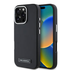 Apple iPhone 16 Pro Kılıf Karl Lagerfeld Orjinal Lisanslı M-safe Şarj Özellikli Metal Kamera ve Buton Tasarımlı Plaka Logolu PU Deri Kapak