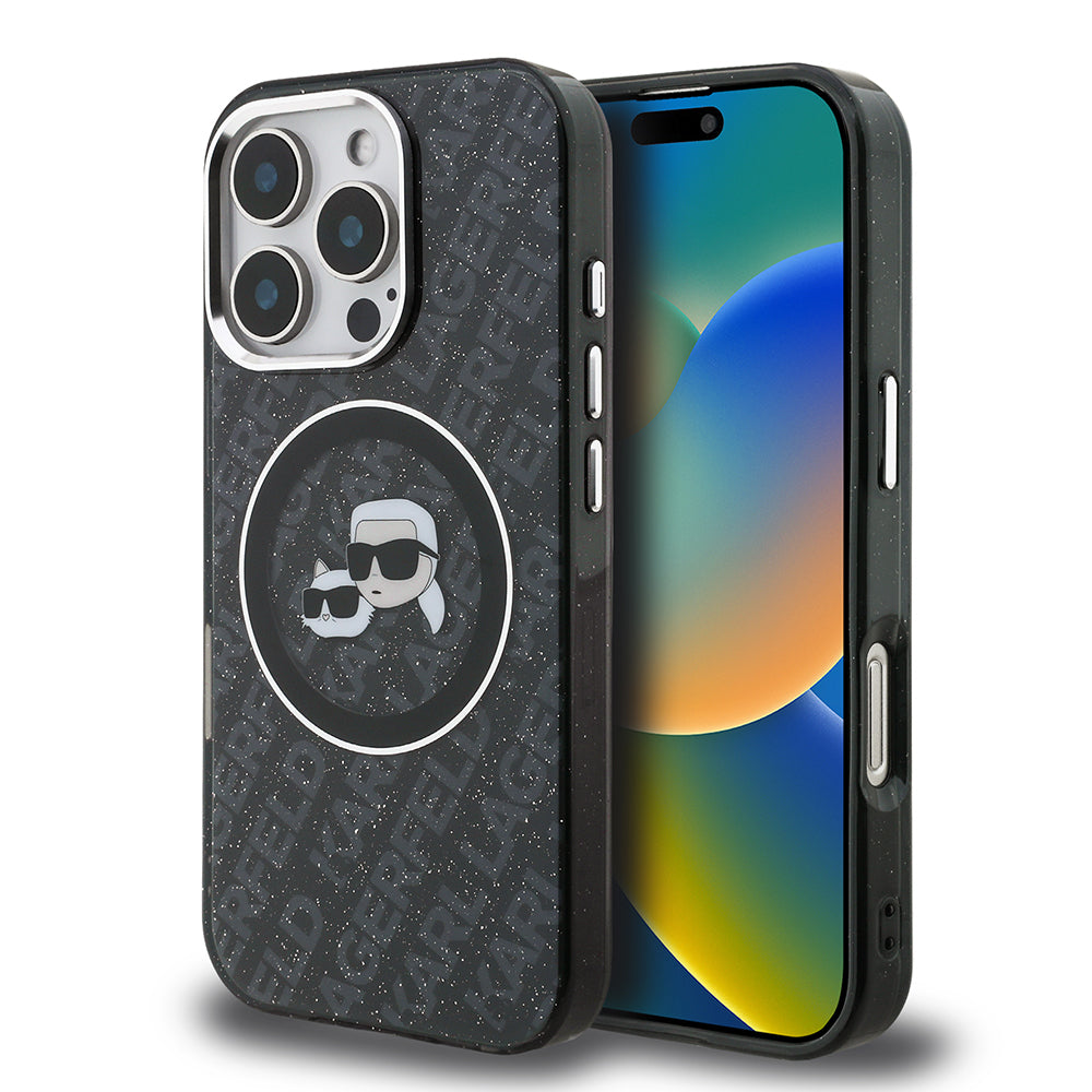 Apple iPhone 16 Pro Kılıf Karl Lagerfeld Orjinal Lisanslı Parlayan Simli Karl & Choupette Heads Kapak